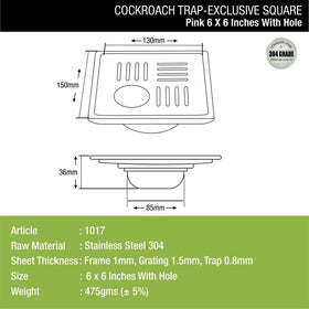 Pink Exclusive Square Floor Drain (6 x 6 Inches) with Hole and Cockroach Trap - LIPKA - Lipka Home