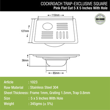 Pink Exclusive Square Flat Cut Floor Drain (5 x 5 Inches) with Hole and Cockroach Trap - LIPKA - Lipka Home
