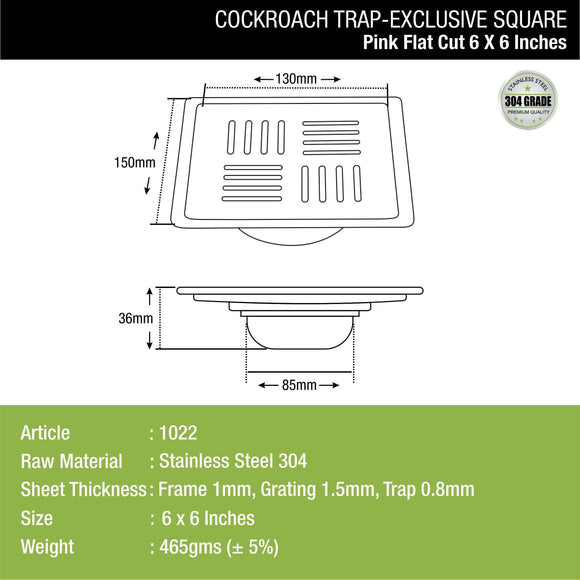 Pink Exclusive Square Flat Cut Floor Drain (6 x 6 Inches) with Cockroach Trap - LIPKA - Lipka Home
