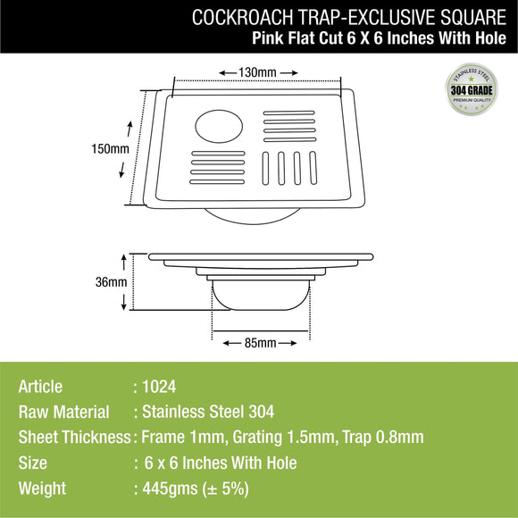 Pink Exclusive Square Flat Cut Floor Drain (6 x 6 Inches) with Hole and Cockroach Trap - LIPKA - Lipka Home