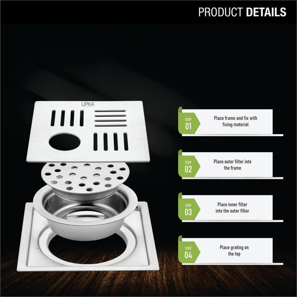 Pink Exclusive Square Flat Cut Floor Drain (6 x 6 Inches) with Hole and Cockroach Trap - LIPKA - Lipka Home