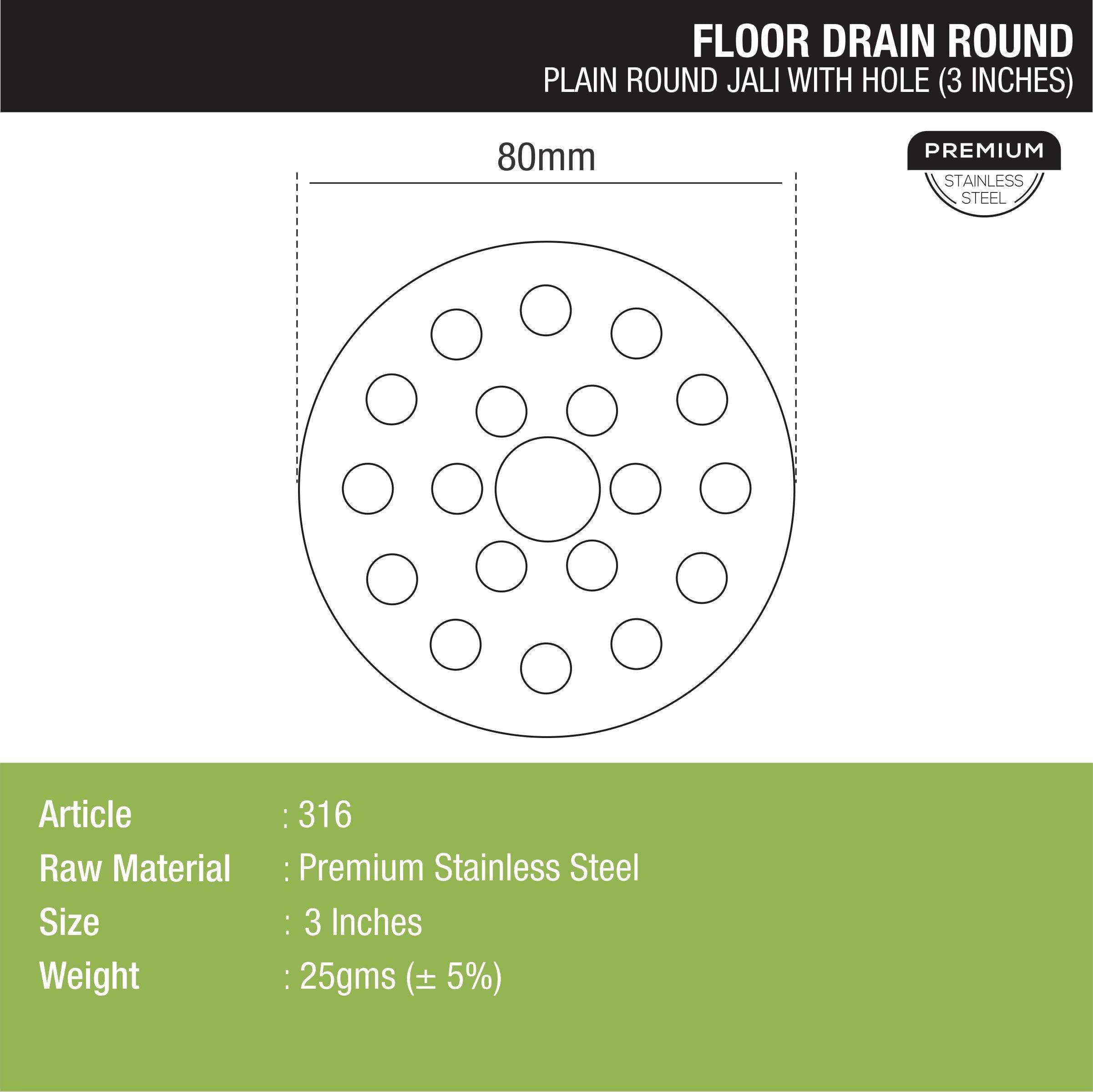 Plain Round Jali Floor Drain with Hole (3 inches) dimensions and sizes