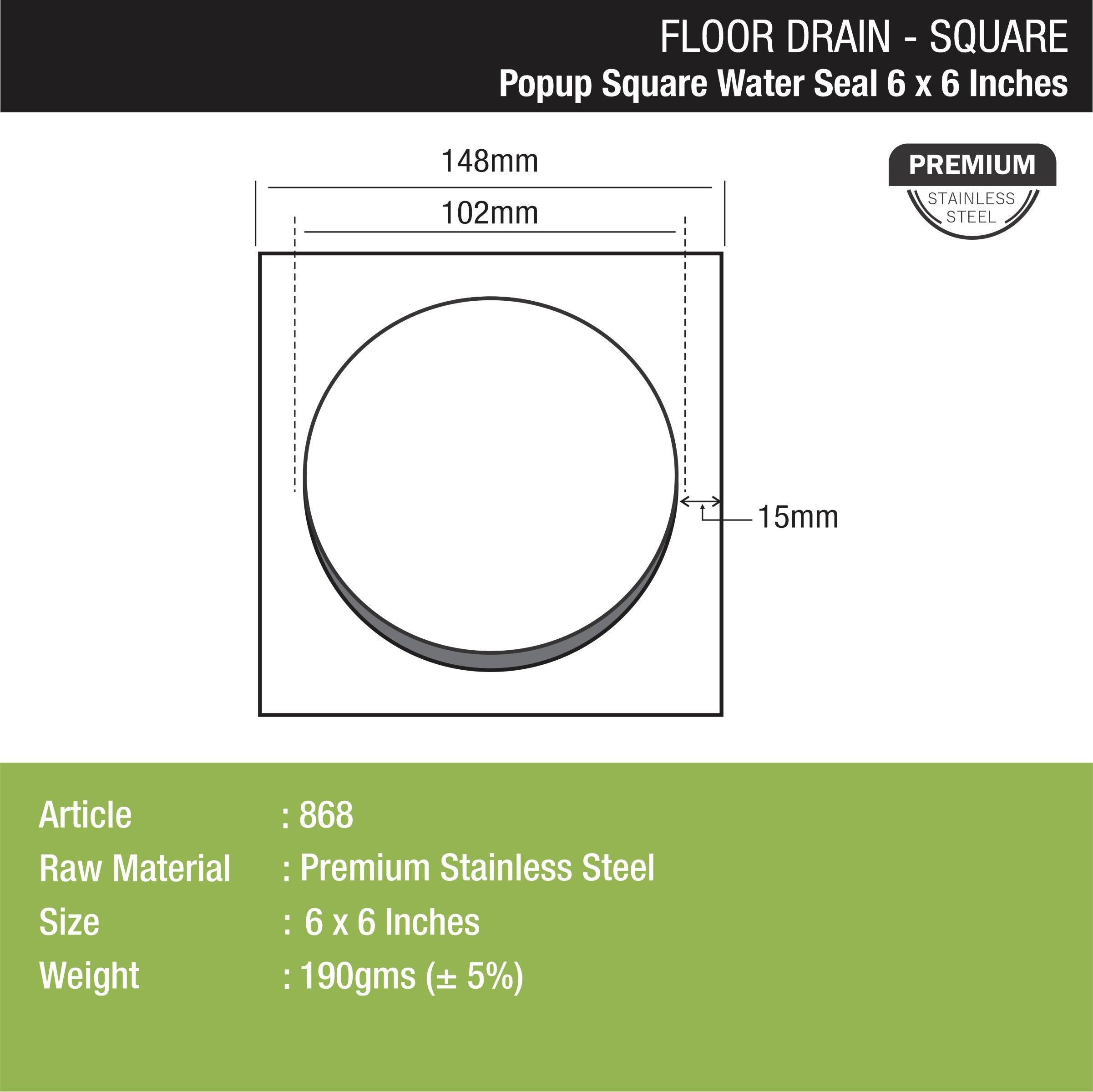 Pop-up Square Floor Drain with Water Seal (6 x 6 Inches) dimensions and sizes