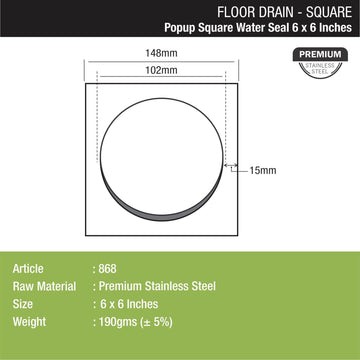 Pop-up Square Floor Drain with Water Seal (6 x 6 Inches) - LIPKA - Lipka Home