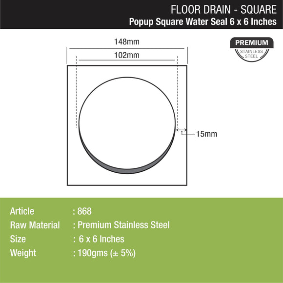 Pop-up Square Floor Drain with Water Seal (6 x 6 Inches) - LIPKA - Lipka Home