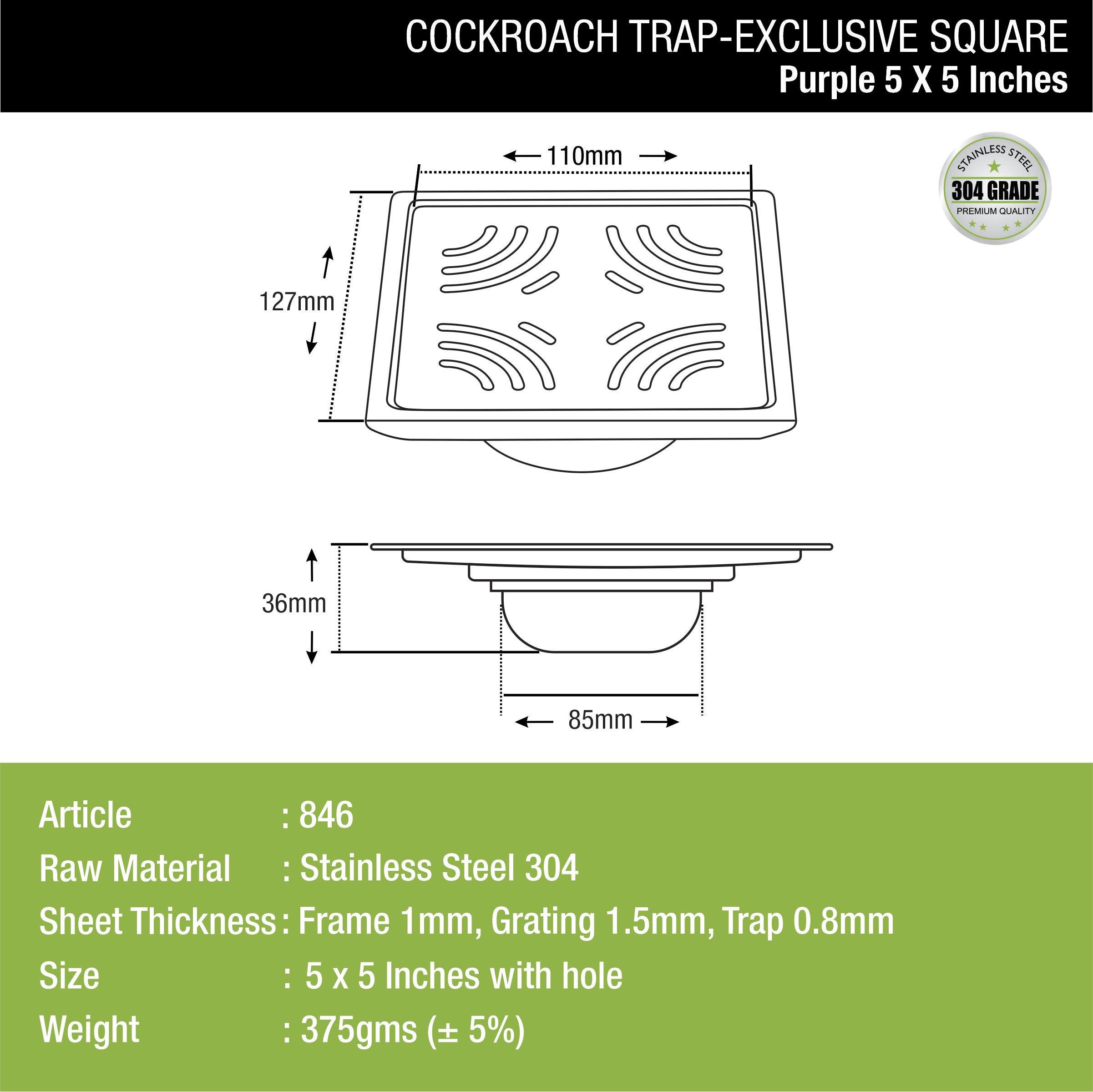 Purple Exclusive Square Floor Drain (5 x 5 Inches) with Cockroach Trap dimensions and sizes