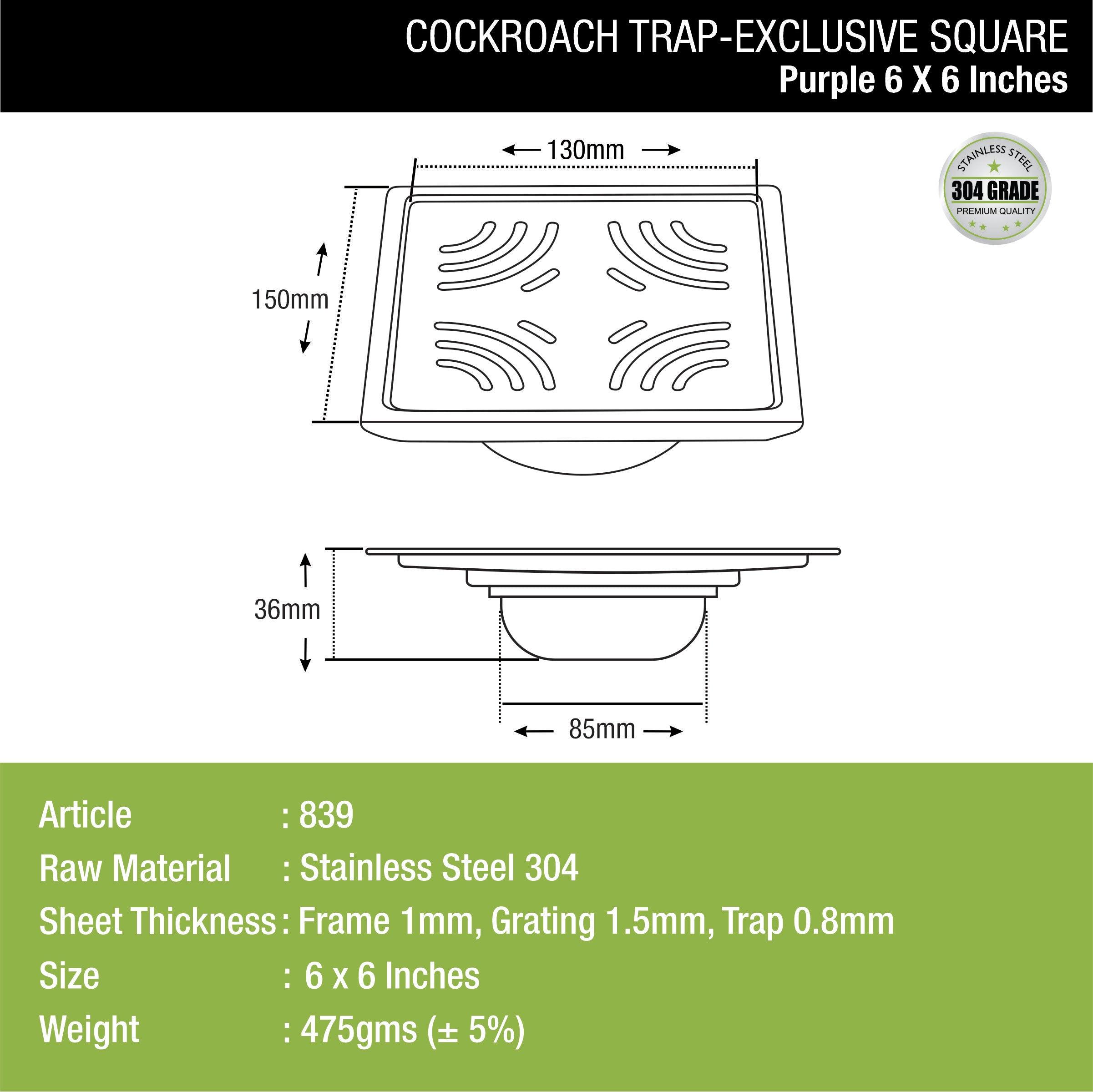 Purple Exclusive Square Floor Drain (6 x 6 Inches) with Cockroach Trap dimensions and sizes