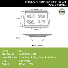 Purple Exclusive Square Floor Drain (6 x 6 Inches) with Cockroach Trap - LIPKA - Lipka Home