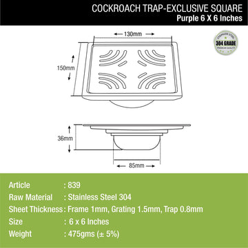 Purple Exclusive Square Floor Drain (6 x 6 Inches) with Cockroach Trap - LIPKA - Lipka Home