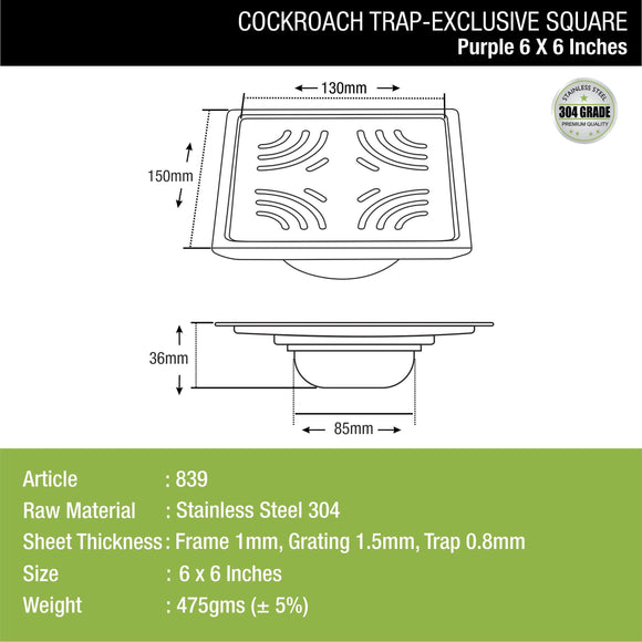 Purple Exclusive Square Floor Drain (6 x 6 Inches) with Cockroach Trap - LIPKA - Lipka Home