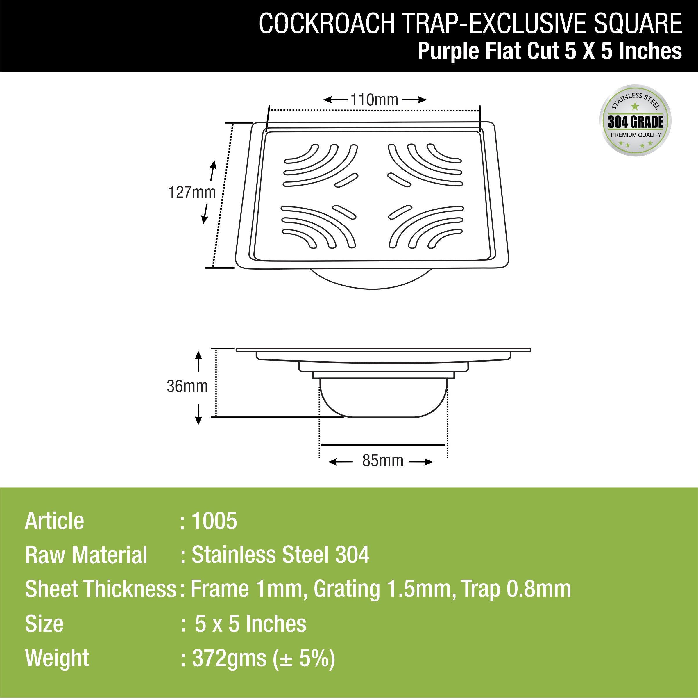 Purple Exclusive Square Flat Cut Floor Drain (5 x 5 Inches) with Cockroach Trap dimensions and size