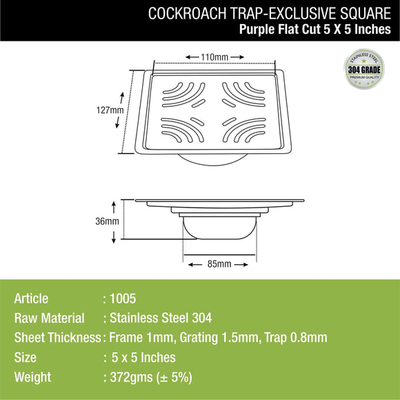 Purple Exclusive Square Flat Cut Floor Drain (5 x 5 Inches) with Cockroach Trap - LIPKA - Lipka Home