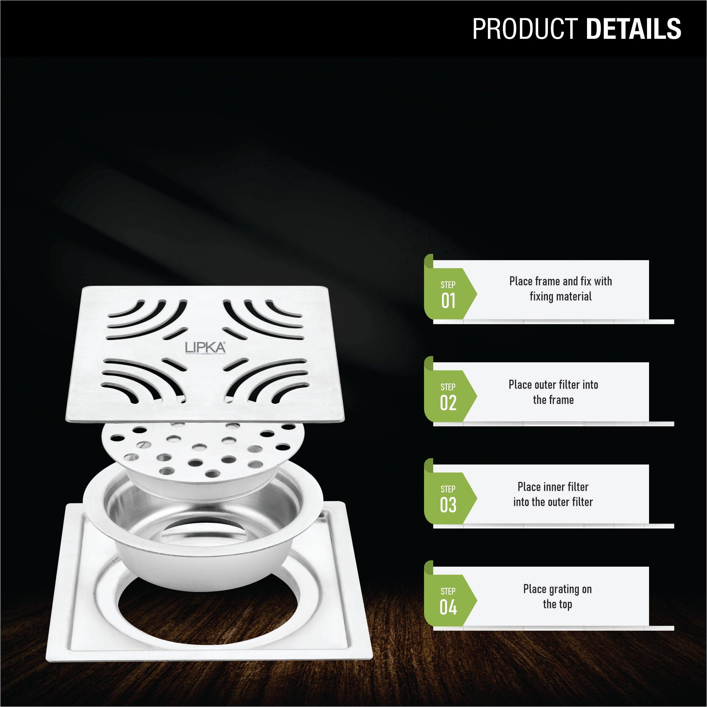 Purple Exclusive Square Flat Cut Floor Drain (5 x 5 Inches) with Cockroach Trap product details