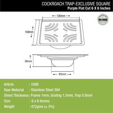 Purple Exclusive Square Flat Cut Floor Drain (6 x 6 Inches) with Cockroach Trap - LIPKA - Lipka Home