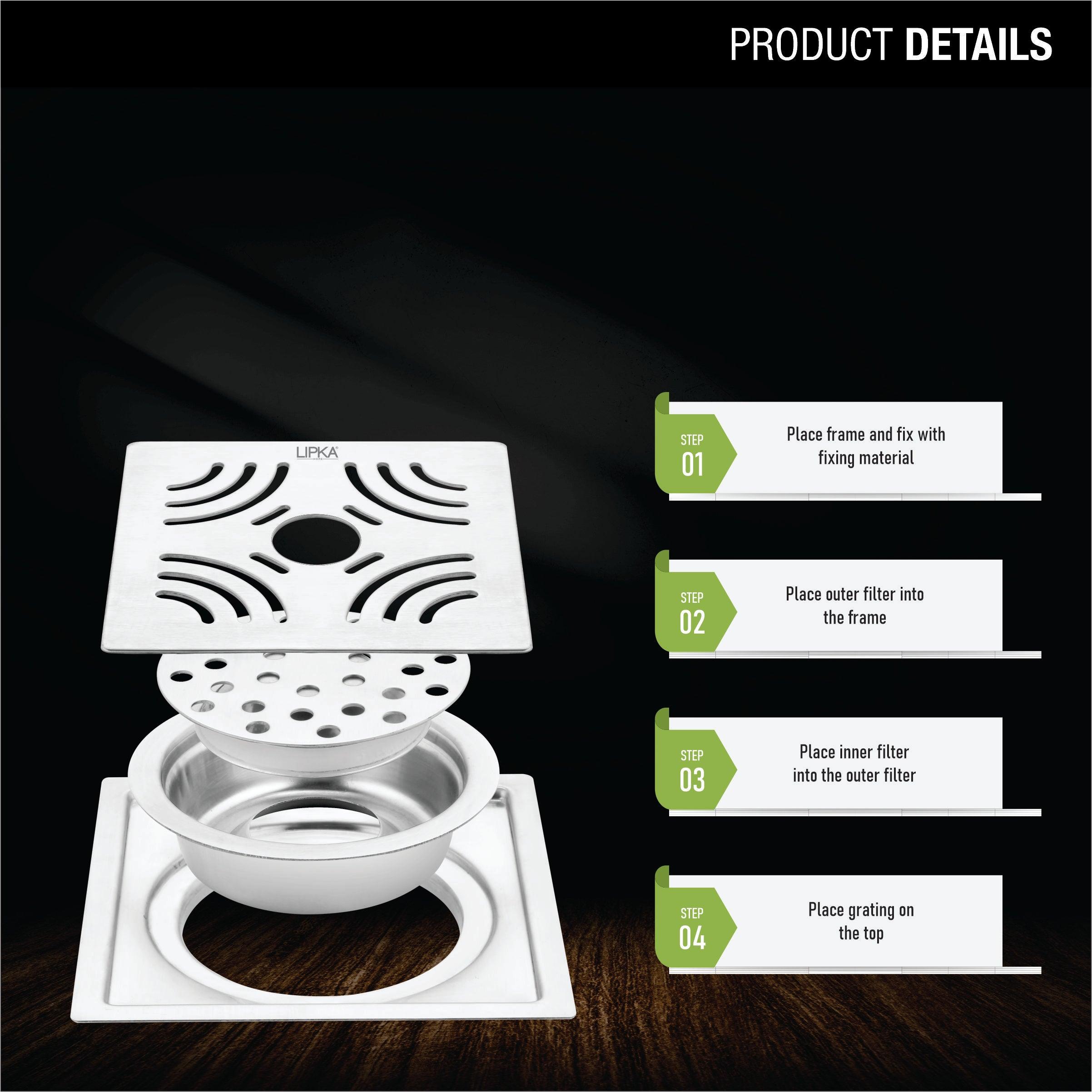 Purple Exclusive Square Flat Cut Floor Drain (6 x 6 Inches) with Hole and Cockroach Trap product details