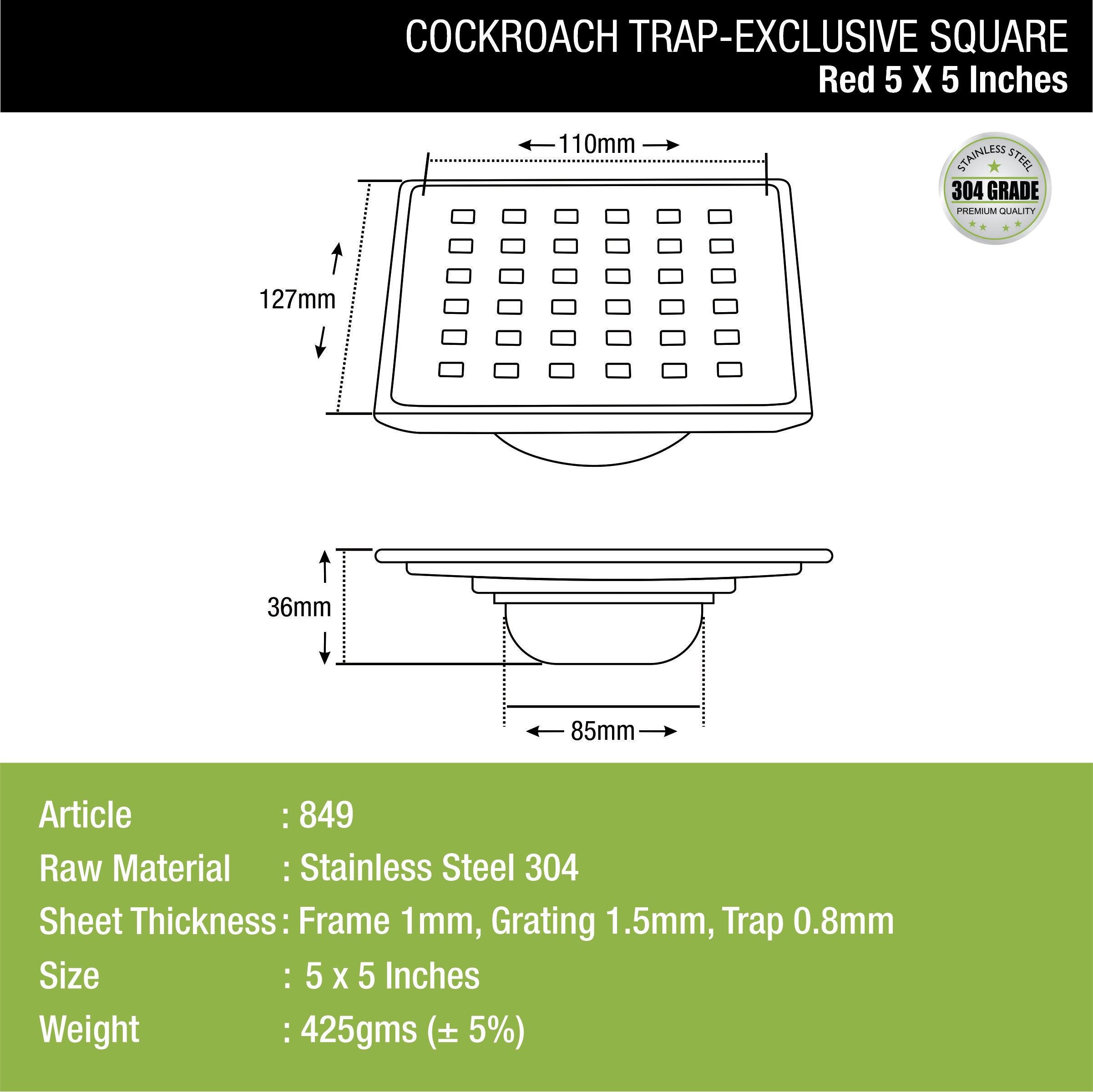 Red Exclusive Square Floor Drain (5 x 5 Inches) with Cockroach Trap dimensions and sizes