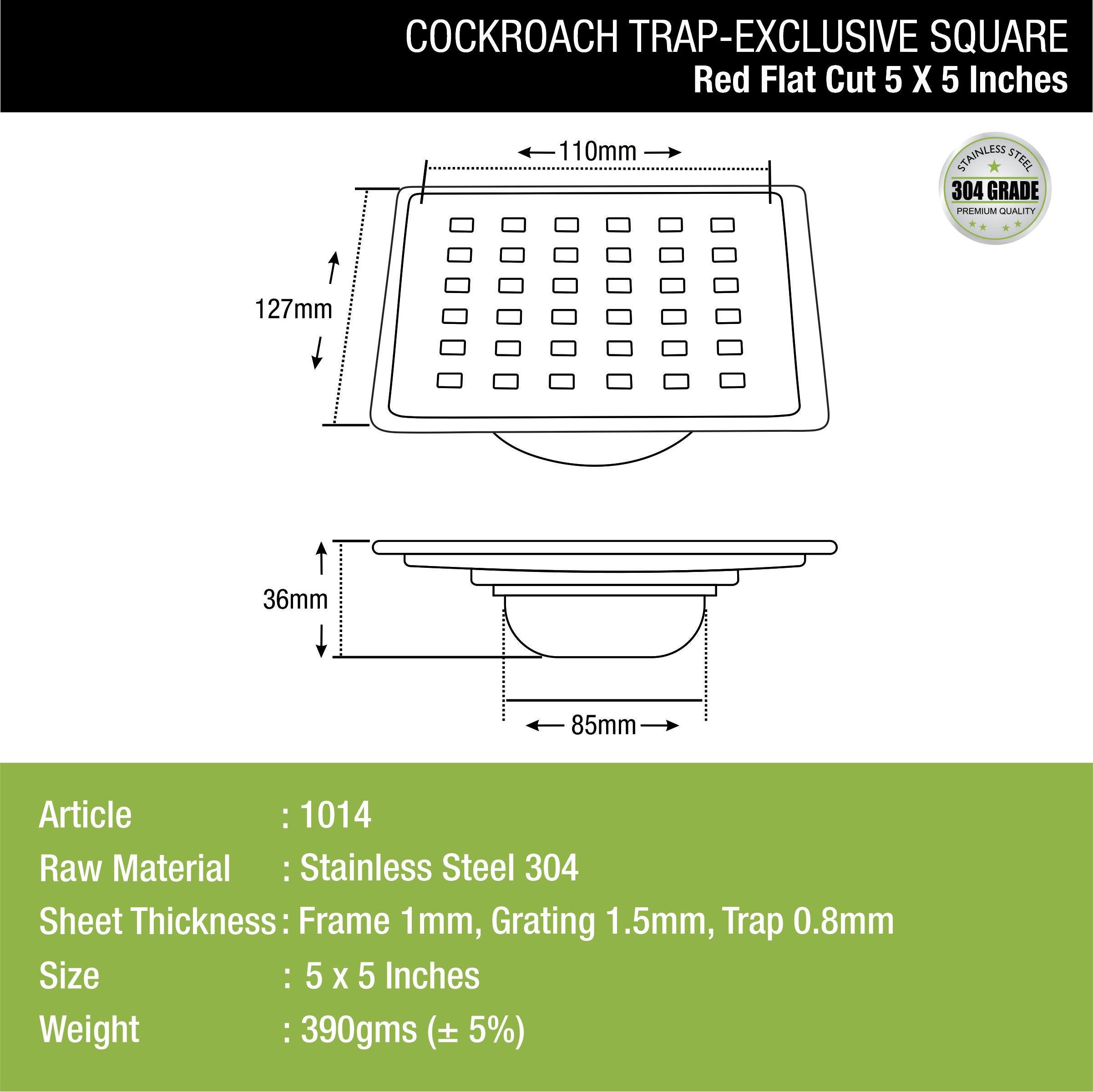Red Exclusive Square Flat Cut Floor Drain (5 x 5 Inches) with Cockroach Trap dimensions and sizes