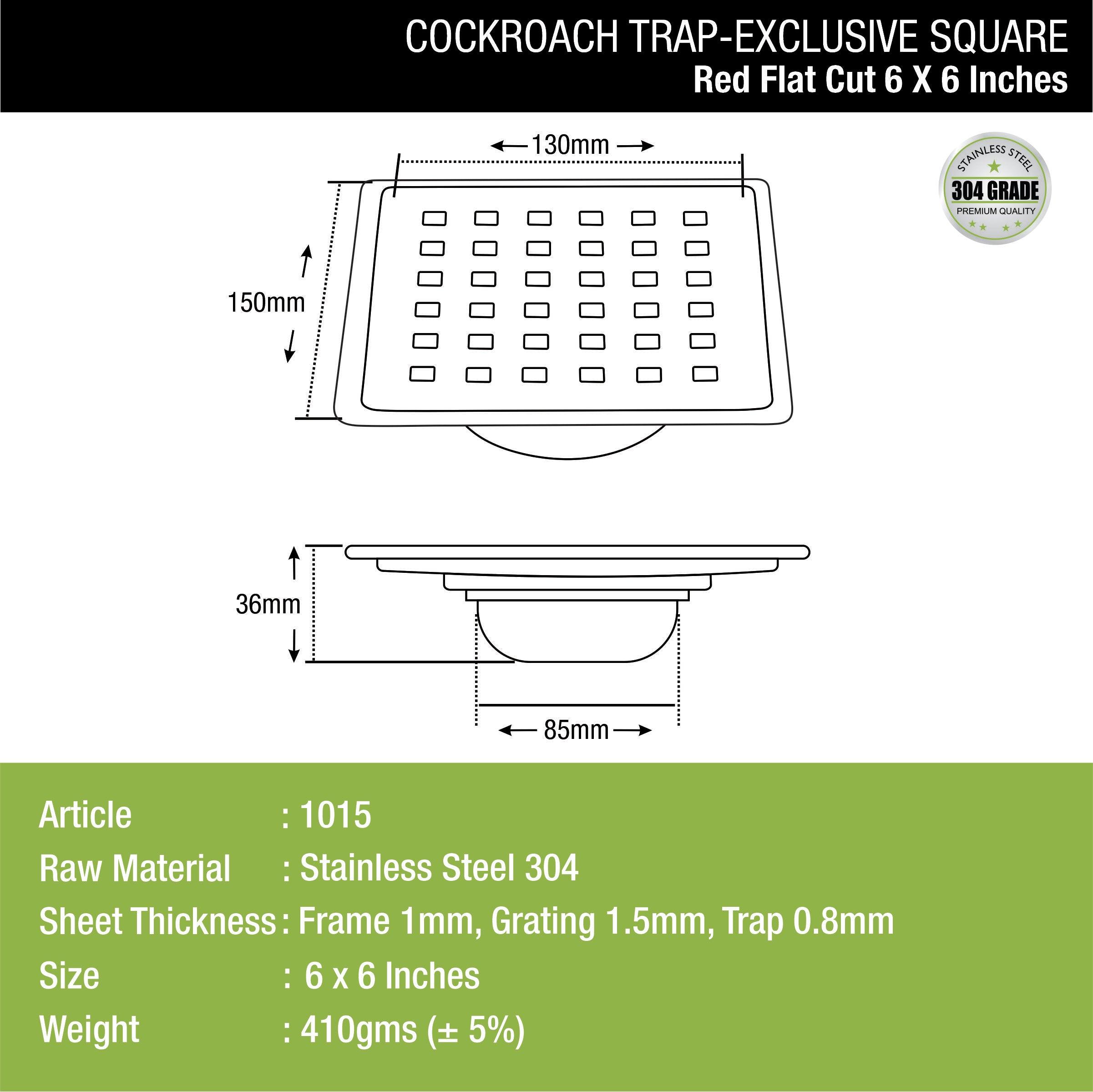 Red Exclusive Square Flat Cut Floor Drain (6 x 6 Inches) with Cockroach Trap dimensions and sizes