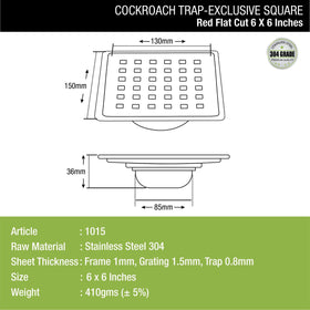 Red Exclusive Square Flat Cut Floor Drain (6 x 6 Inches) with Cockroach Trap - LIPKA - Lipka Home