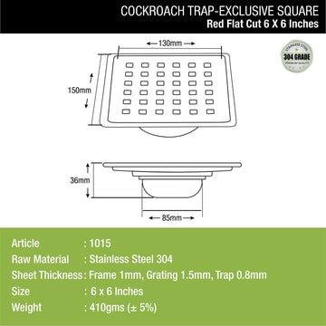 Red Exclusive Square Flat Cut Floor Drain (6 x 6 Inches) with Cockroach Trap - LIPKA - Lipka Home