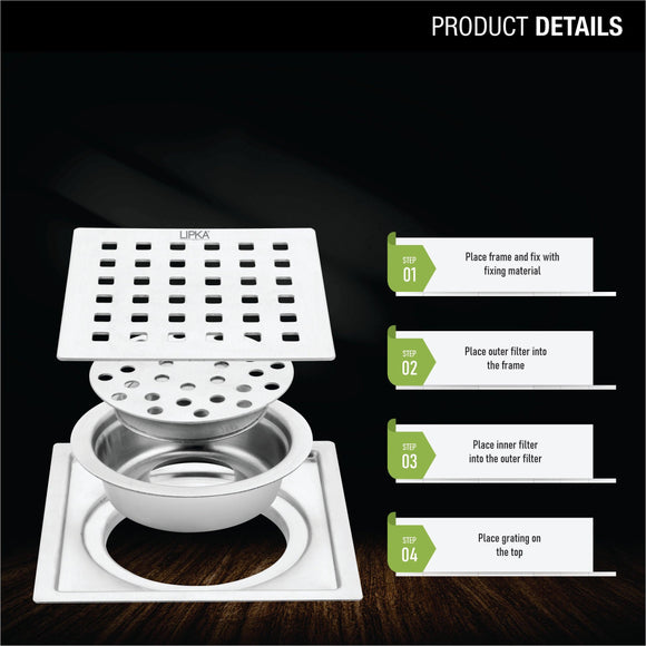 Red Exclusive Square Flat Cut Floor Drain (6 x 6 Inches) with Cockroach Trap - LIPKA - Lipka Home