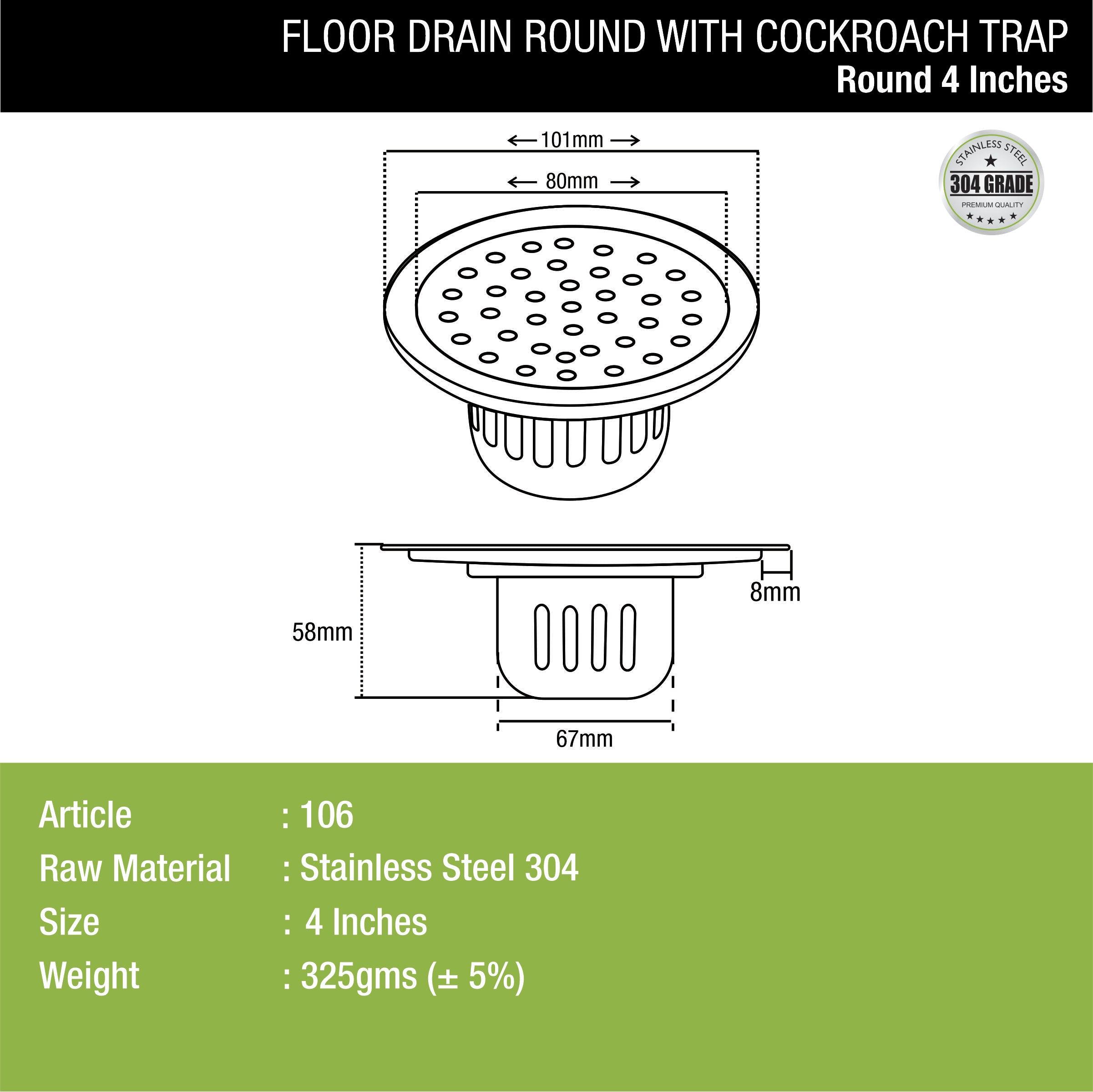 Round Floor Drain (4 inches) with Cockroach Trap dimensions and sizes