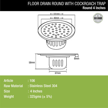 Round Floor Drain (4 inches) with Cockroach Trap - LIPKA - Lipka Home