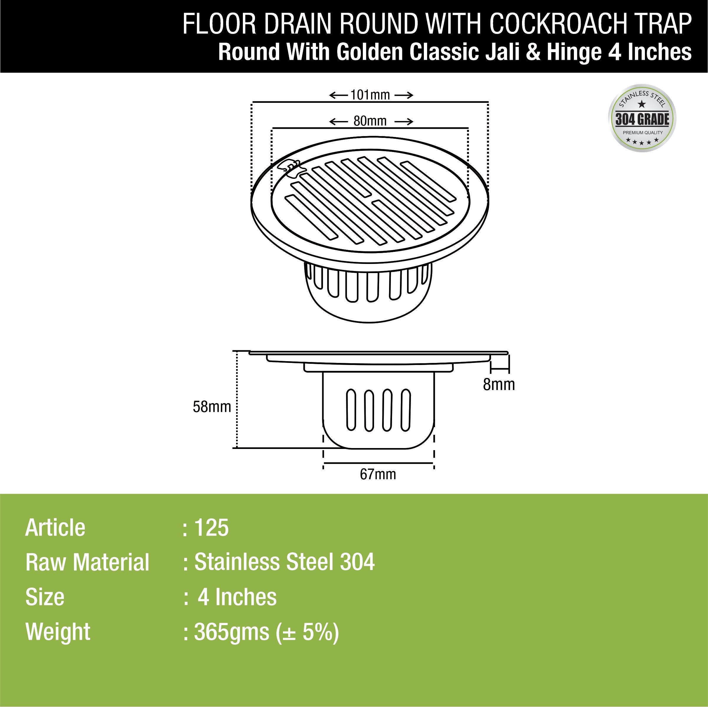 Golden Classic Jali Round Floor Drain (4 Inches) with Hinge and Cockroach Trap dimensions and sizes