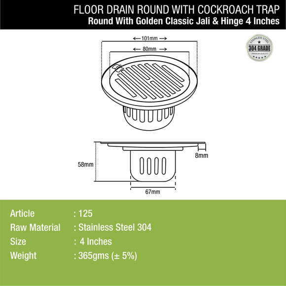 Golden Classic Jali Round Floor Drain (4 Inches) with Hinge and Cockroach Trap - LIPKA - Lipka Home