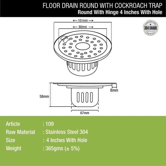 Round Floor Drain (4 inches) with Hinge, Hole & Cockroach Trap - LIPKA - Lipka Home
