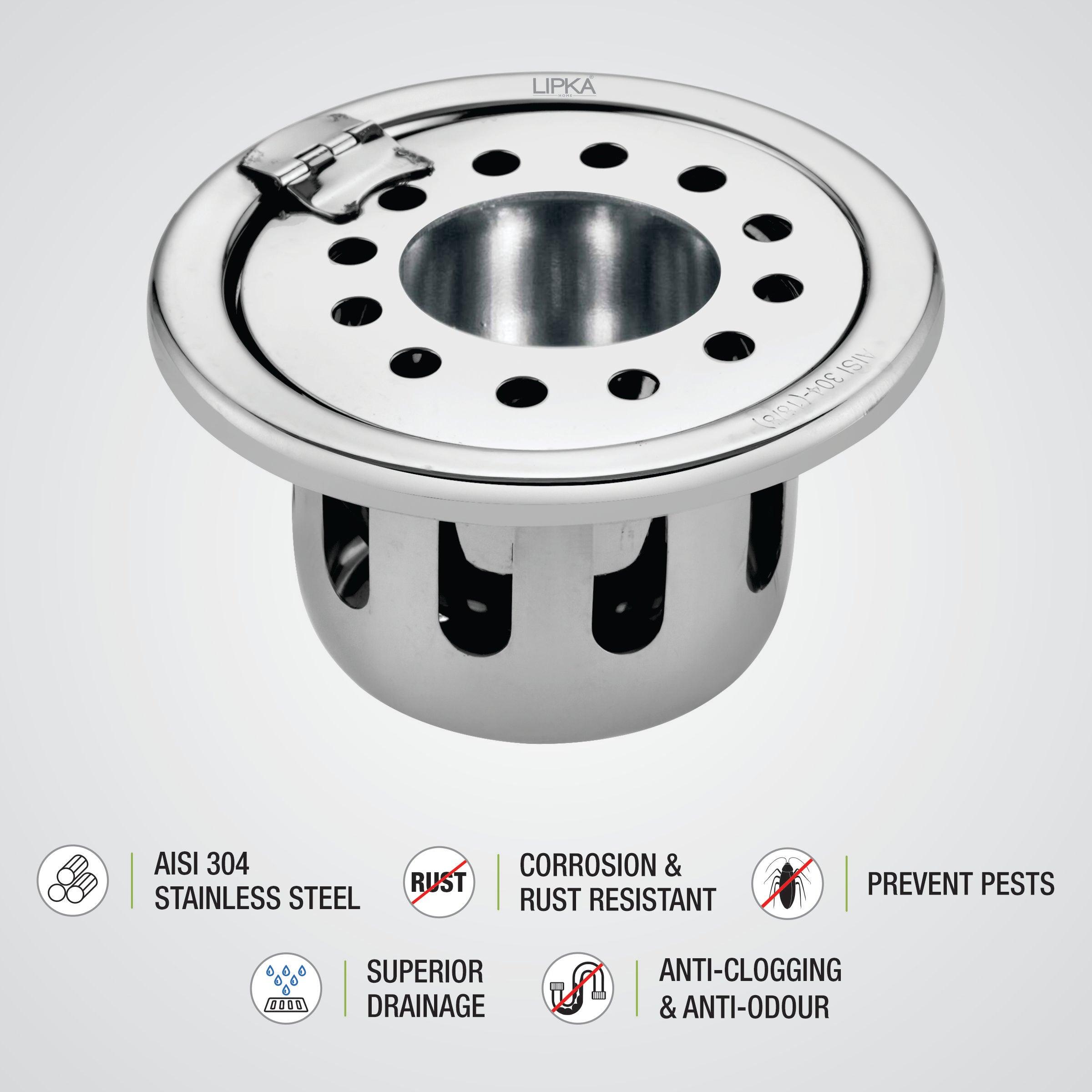 Round Floor Drain (4 inches) with Hinge, Hole & Cockroach Trap features