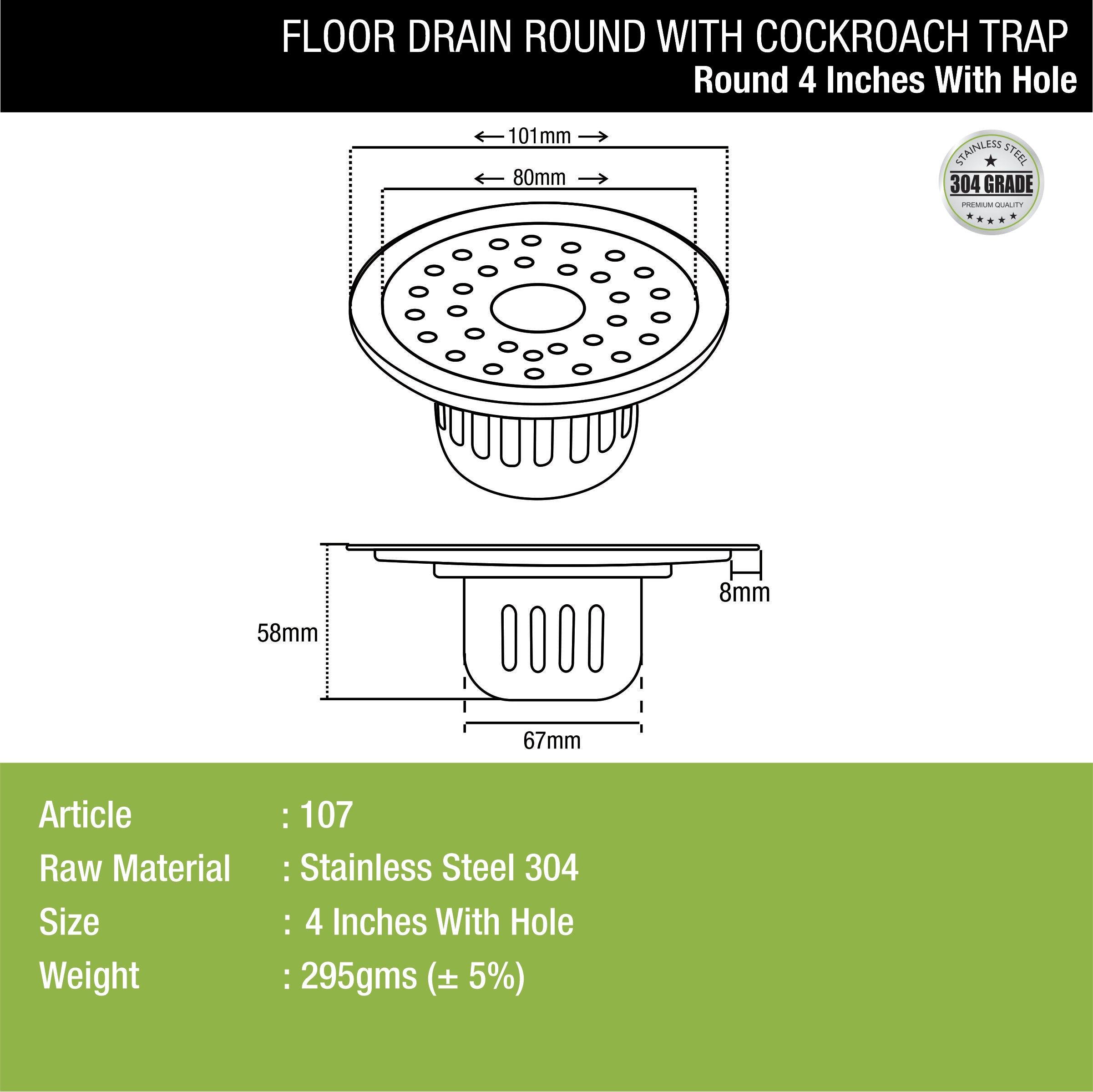 Round Floor Drain (4 inches) with Cockroach Trap & Hole sizes and dimensions