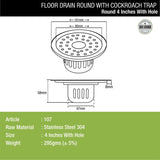 Round Floor Drain (4 inches) with Cockroach Trap & Hole sizes and dimensions