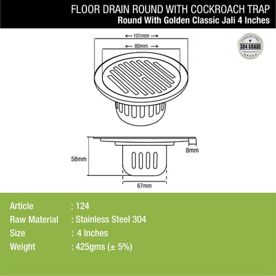 Golden Classic Jali Round Floor Drain (4 Inches) with Cockroach Trap - Lipka Home