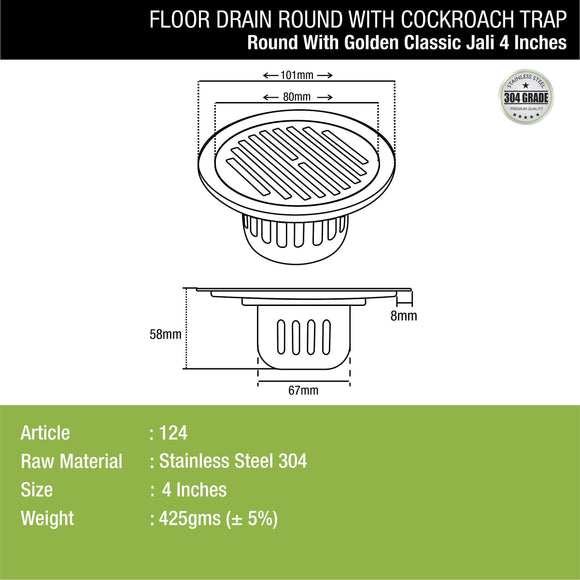 Golden Classic Jali Round Floor Drain (4 Inches) with Cockroach Trap - Lipka Home