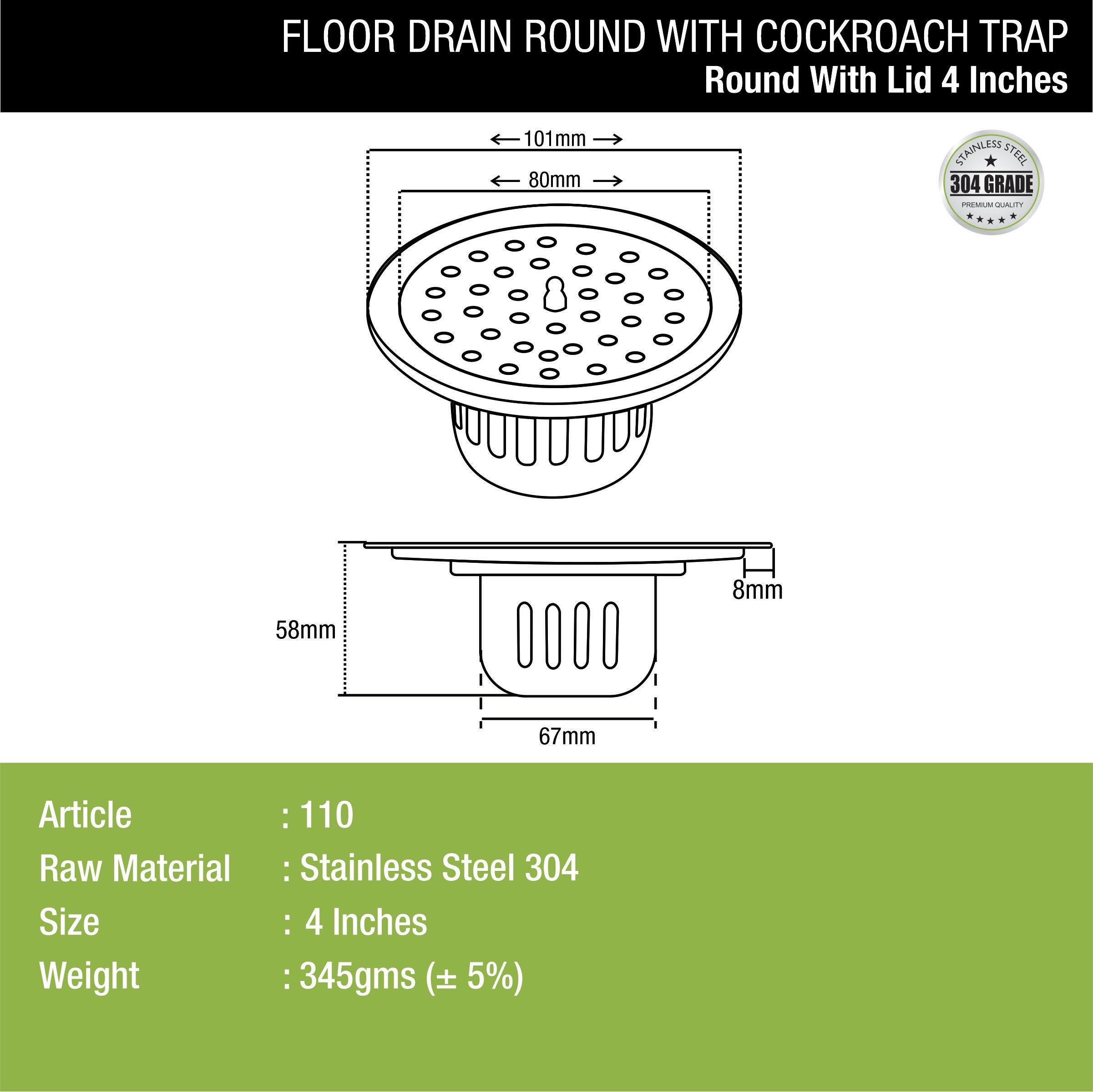 Round Floor Drain (4 inches) with Cockroach Trap & Lid dimensions and sizes