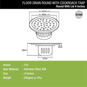 Round Floor Drain (4 inches) with Cockroach Trap & Lid - LIPKA - Lipka Home