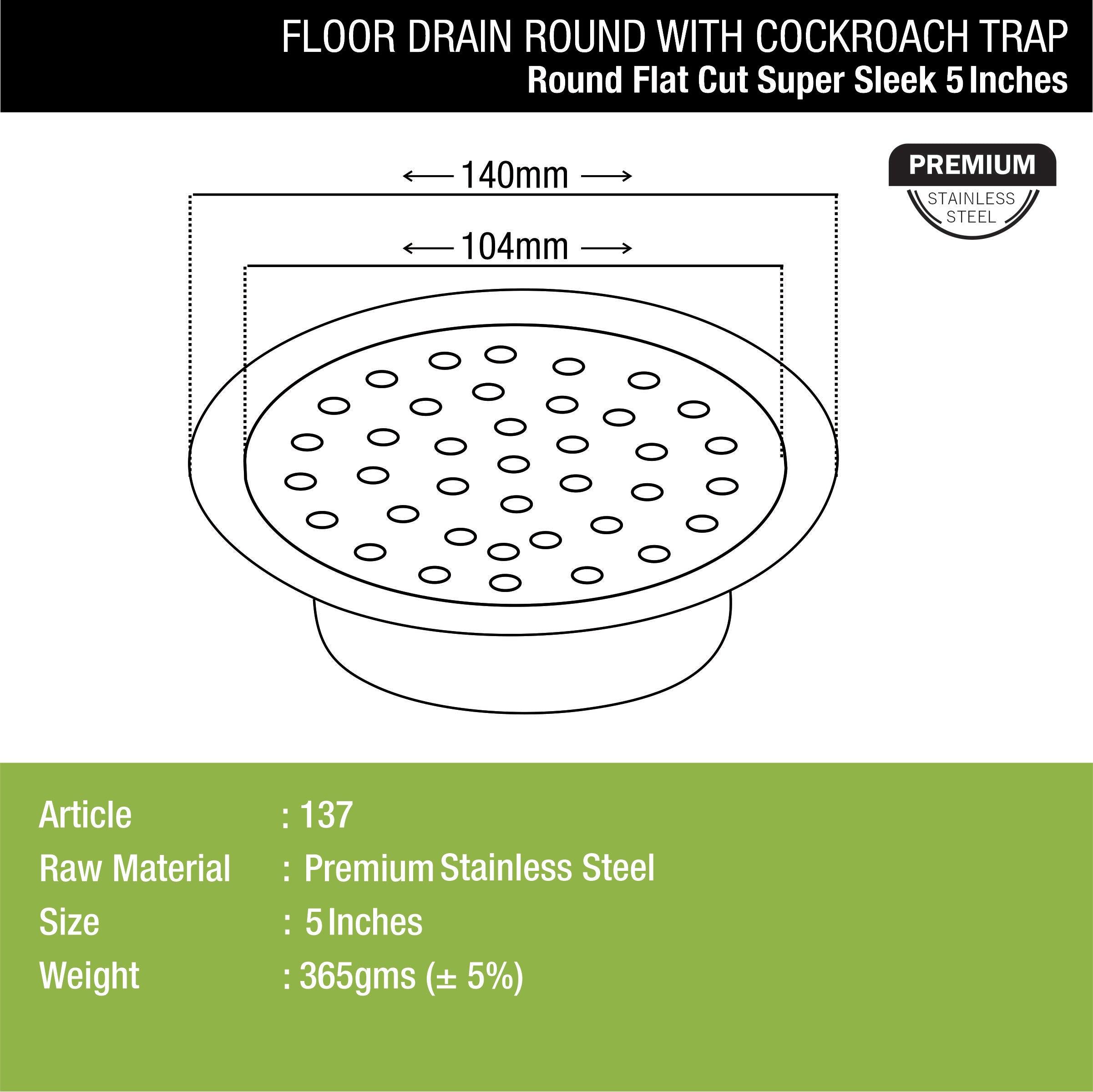 Super Sleek Round Flat Cut Floor Drain (5 Inches) with Cockroach Trap - LIPKA - Lipka Home