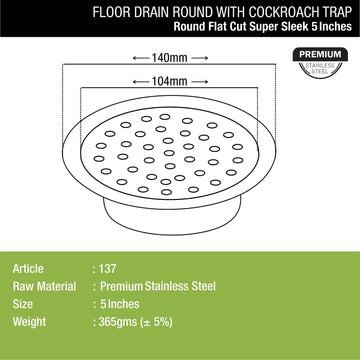 Super Sleek Round Flat Cut Floor Drain (5 Inches) with Cockroach Trap - LIPKA - Lipka Home