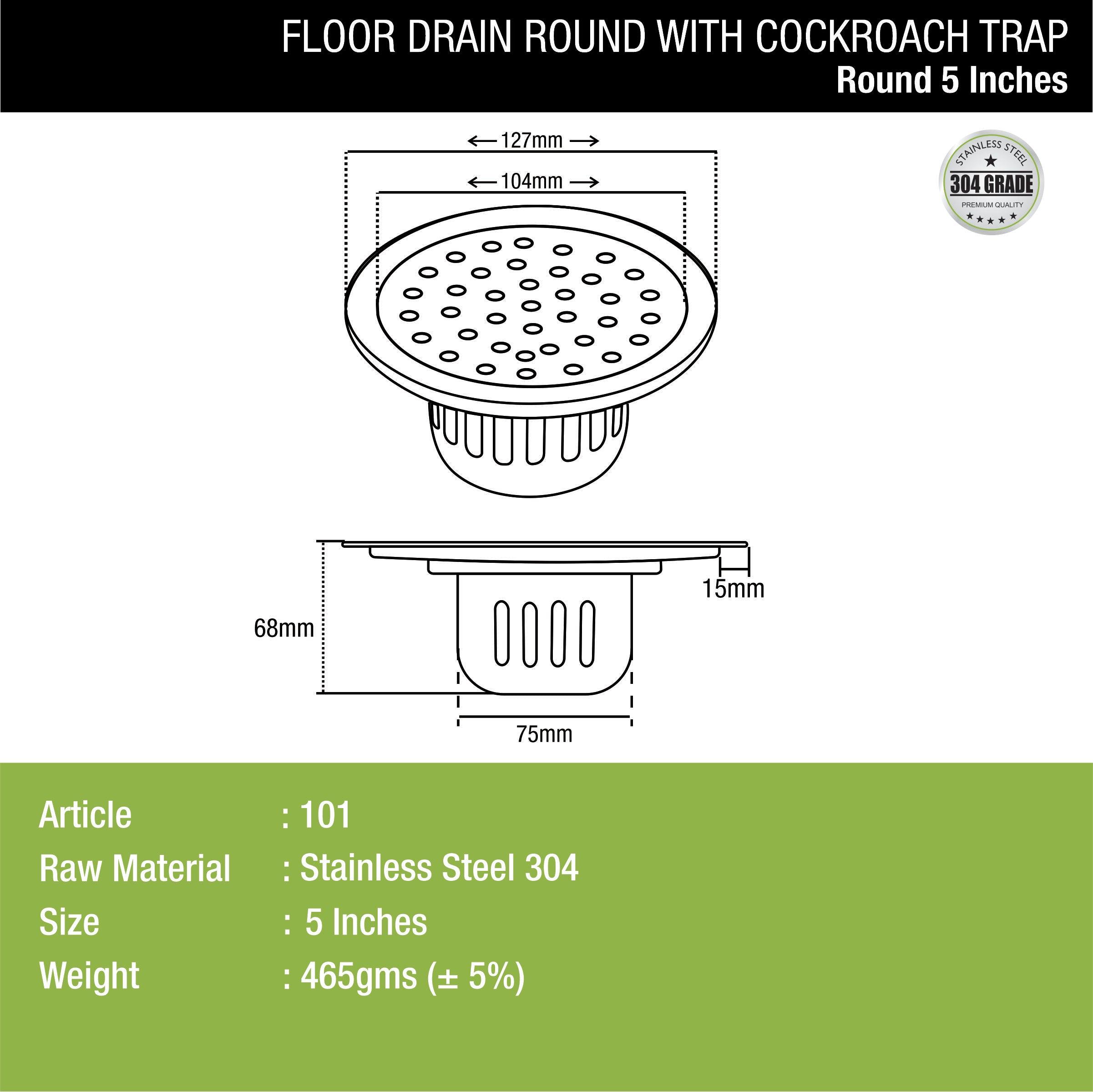 Round Floor Drain (5 inches) with Cockroach Trap dimensions and sizes