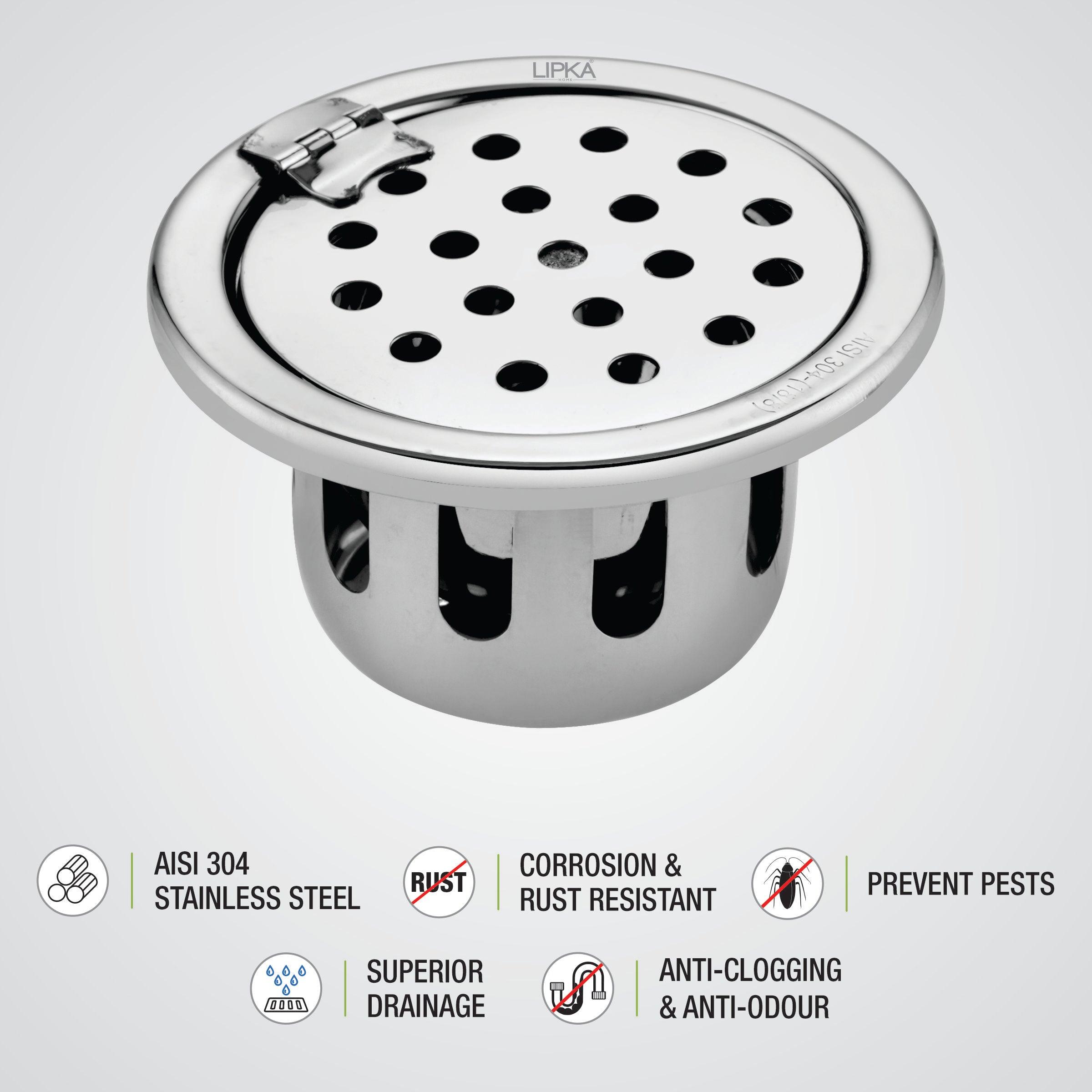 Round Floor Drain (5 inches) with Hinge & Cockroach Trap features