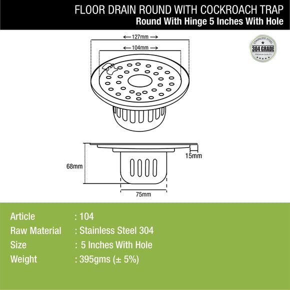 Round Floor Drain (5 Inches) with Hinge, Hole and Cockroach Trap - LIPKA - Lipka Home