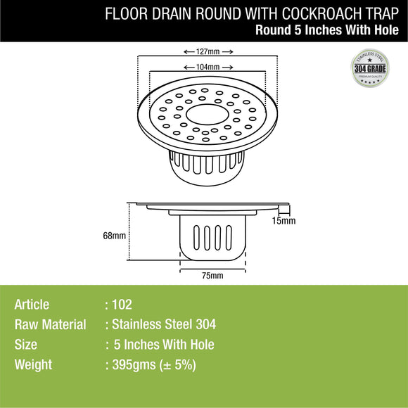 Round Floor Drain (5 inches) with Cockroach Trap & Hole - LIPKA - Lipka Home