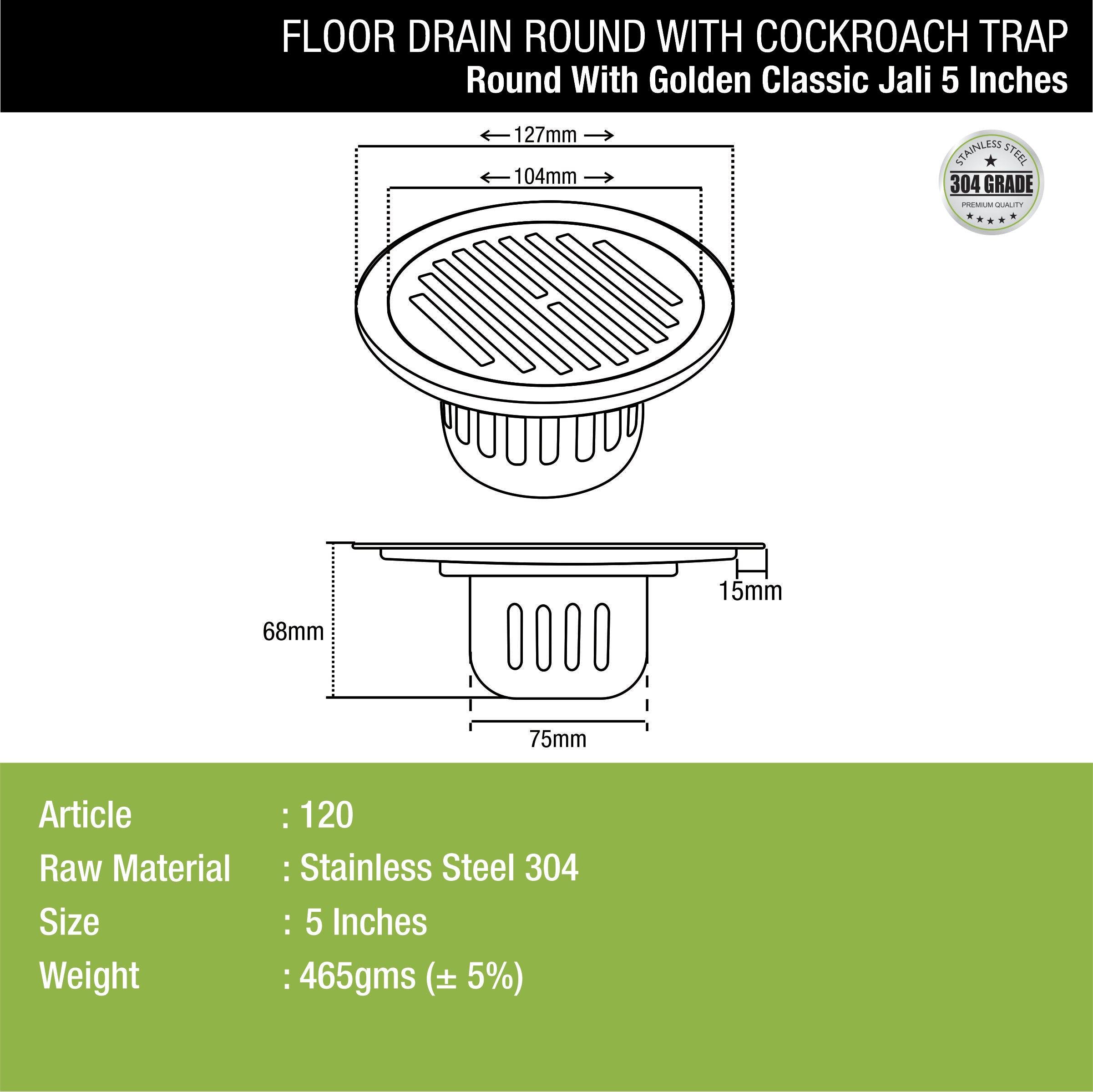 Golden Classic Jali Round Floor Drain (5 Inches) with Cockroach Trap dimensions and sizes