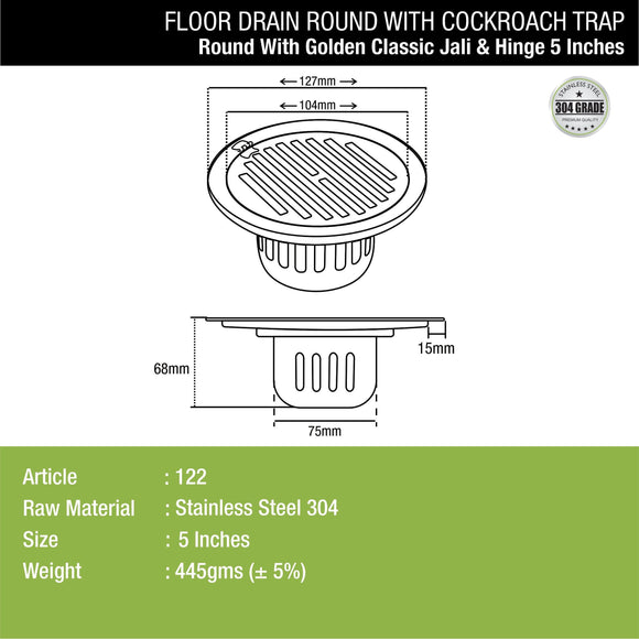 Golden Classic Jali Round Floor Drain (5 Inches) with Hinge and Cockroach Trap - LIPKA - Lipka Home