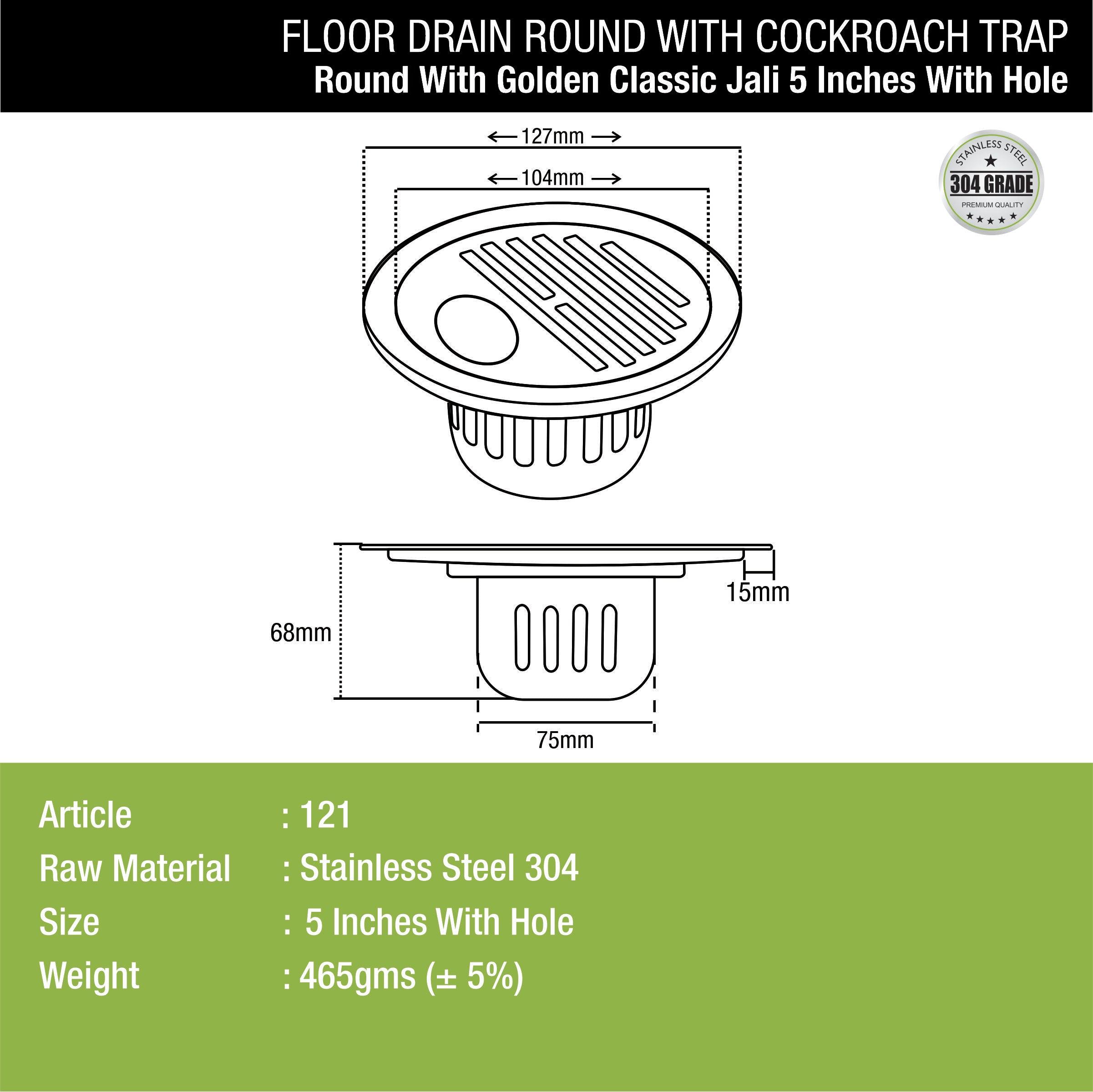 Golden Classic Jali Round Floor Drain (5 Inches) with Cockroach Trap and Hole dimensions and sizes