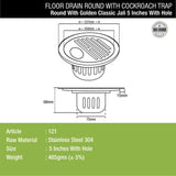 Golden Classic Jali Round Floor Drain (5 Inches) with Cockroach Trap and Hole dimensions and sizes