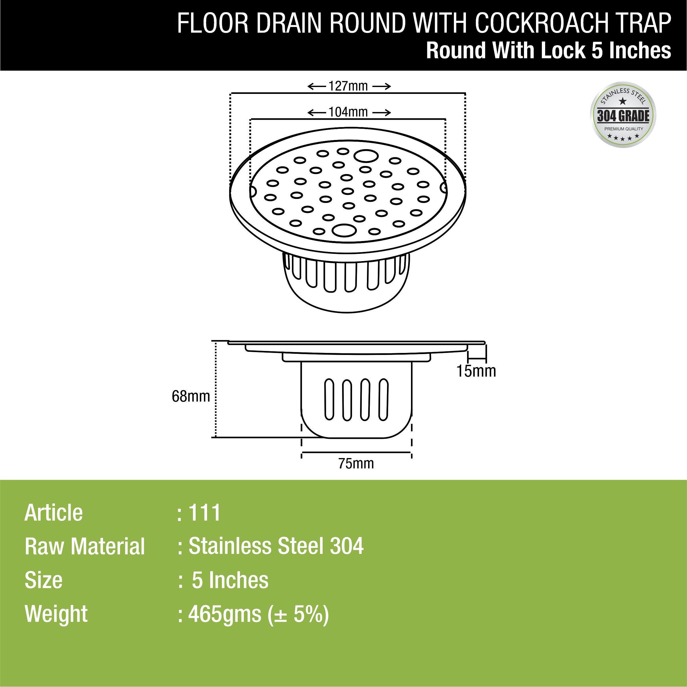 Round Floor Drain (5 inches) with Cockroach Trap & Lock dimensions and sizes