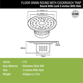 Round Floor Drain (5 inches) with Cockroach Trap, Lock & Hole - LIPKA - Lipka Home