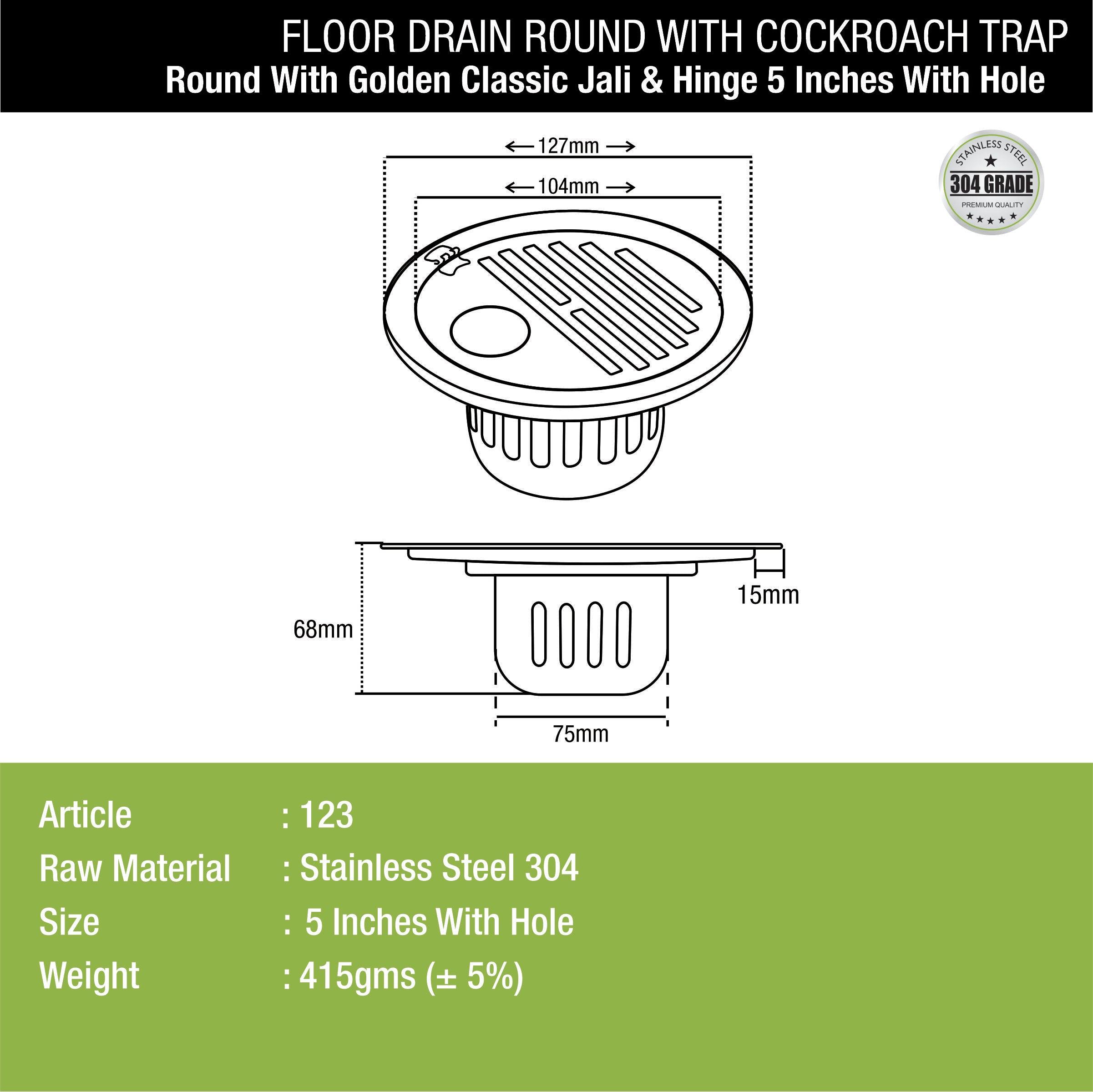 Golden Classic Jali Round Floor Drain (5 Inches) with Hinge, Hole and Cockroach Trap dimensions and sizes